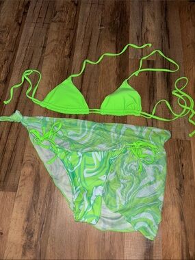 Neon Green String Bikini with Swirl Mesh Cover-Up